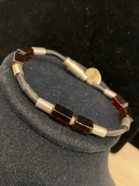 SS Cherry Amber Leather Bracelet