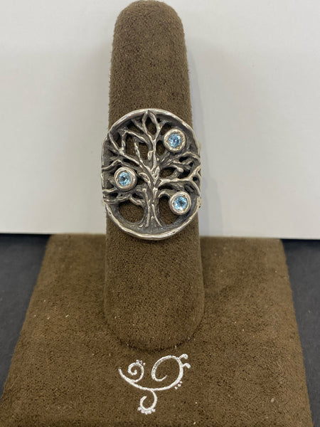 SS Tree of Life with 3X Blue Topaz Ring Size 7