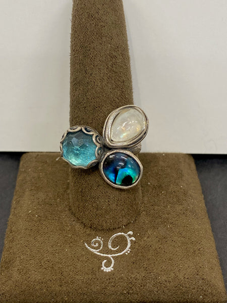 SS Multi Abalone, Moonstone, Blue Topaz Ring Size 8