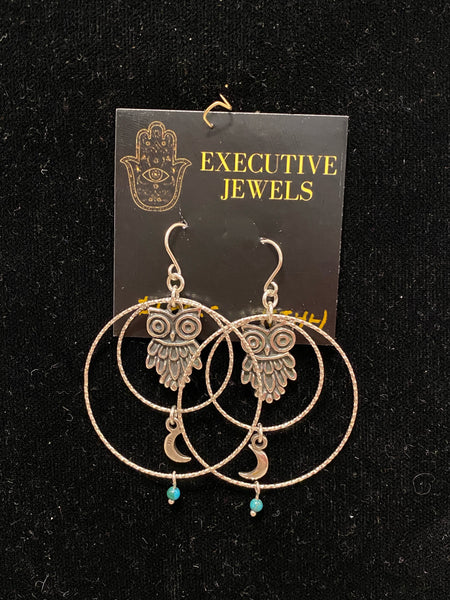 SS Turquoise Owl Double Circle Earring