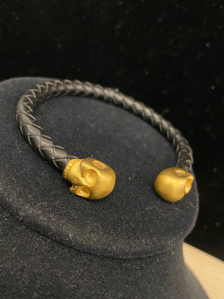 Stainless Leather Gold Skull Bracelet
