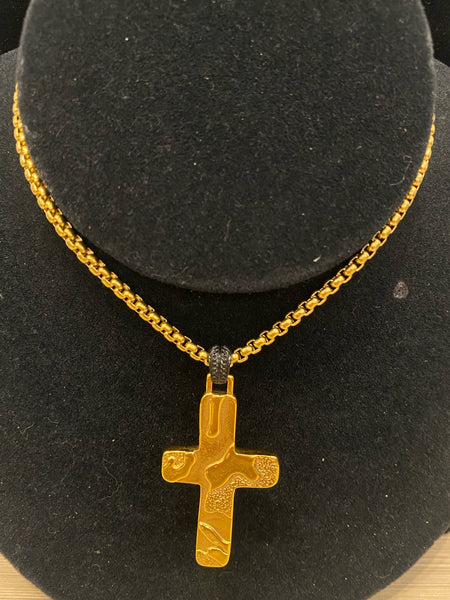 Stainless Gold Nugget Cross 24" Necklace