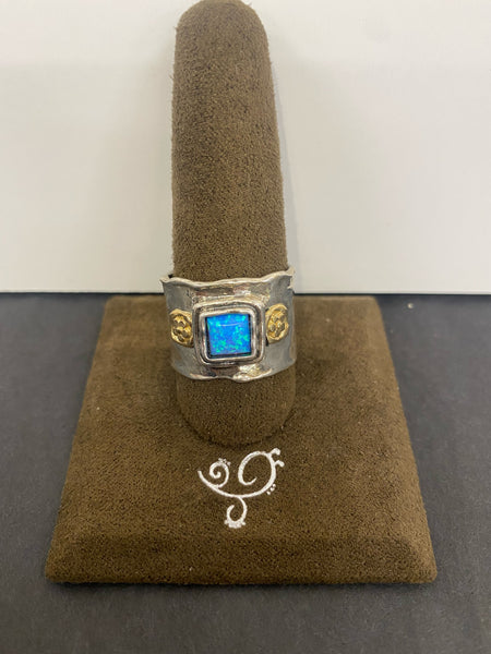 SS Wide Band with 1 X Square Opal and Gold Ring