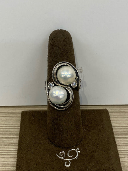 SS 2X Pearl Ring with 1X CZ S Ring Size 7