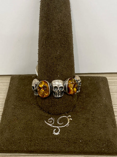 SS Amber & Skull Ring Size 10