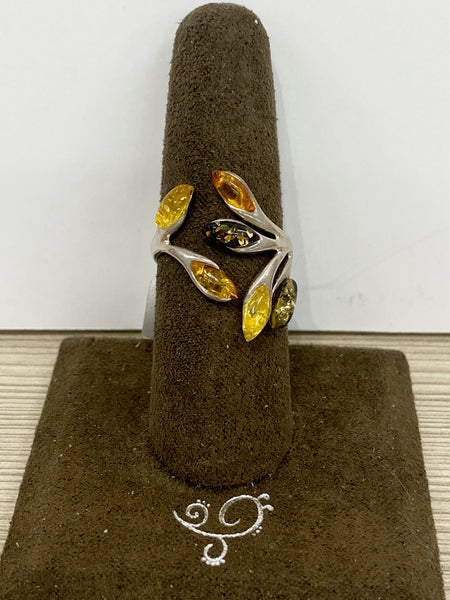 SS Multi Stone Amber Ring Adjustable