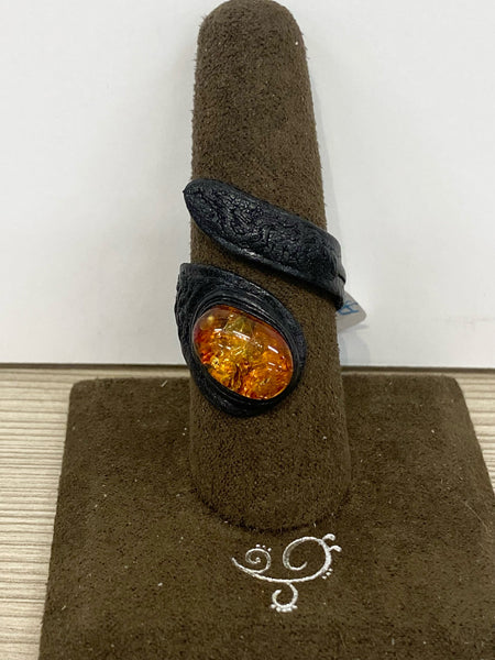 Leather Amber Wrap Ring
