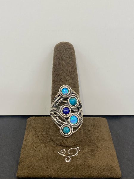 SS Multi Stone Ring with Turquoise, Opal and Lapis